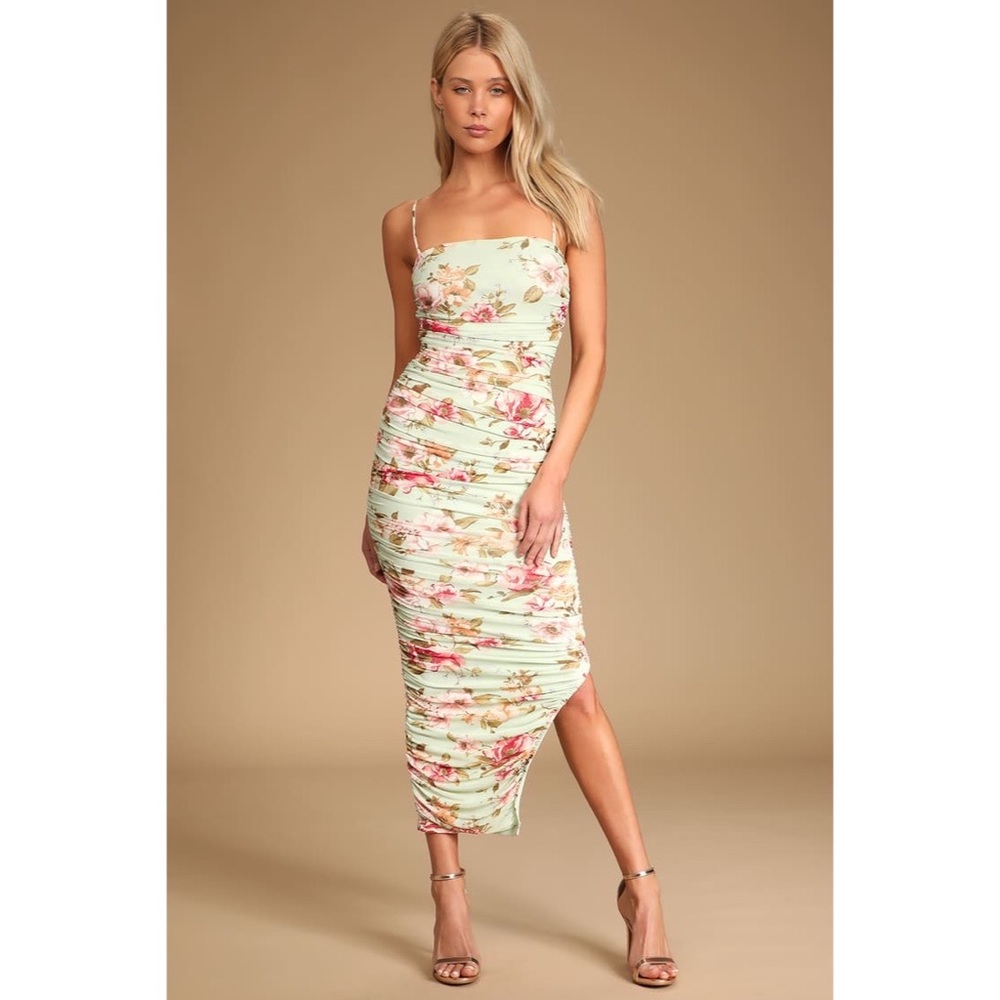 Lulus Stun and Only Sage Floral Print Ruched Mesh Bodycon Midi Dress Medium NWT